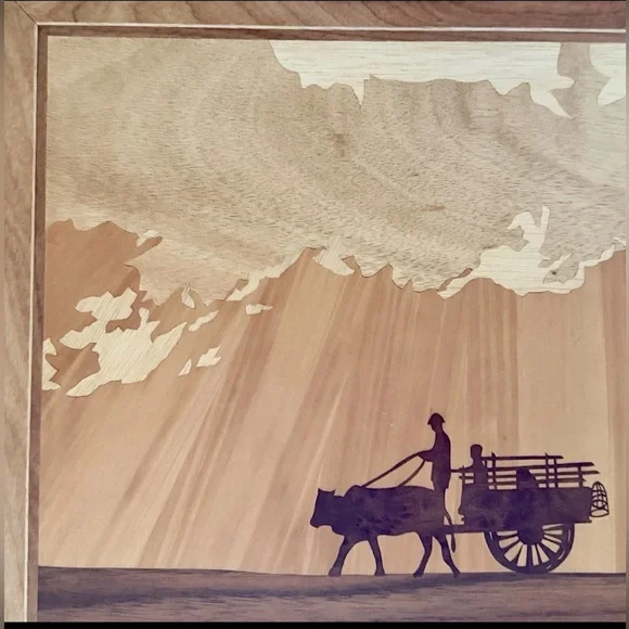 Vintage Marquetry Wood Inlay Picture Farm Folk Art Family Wall Hanging EUC - Picture 3 of 5